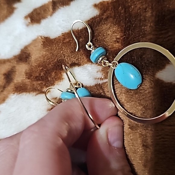 Hollow Circle Droplet Blue Turquoise Decor Dangle Earrings Retro Bohemian Style - Picture 2 of 2